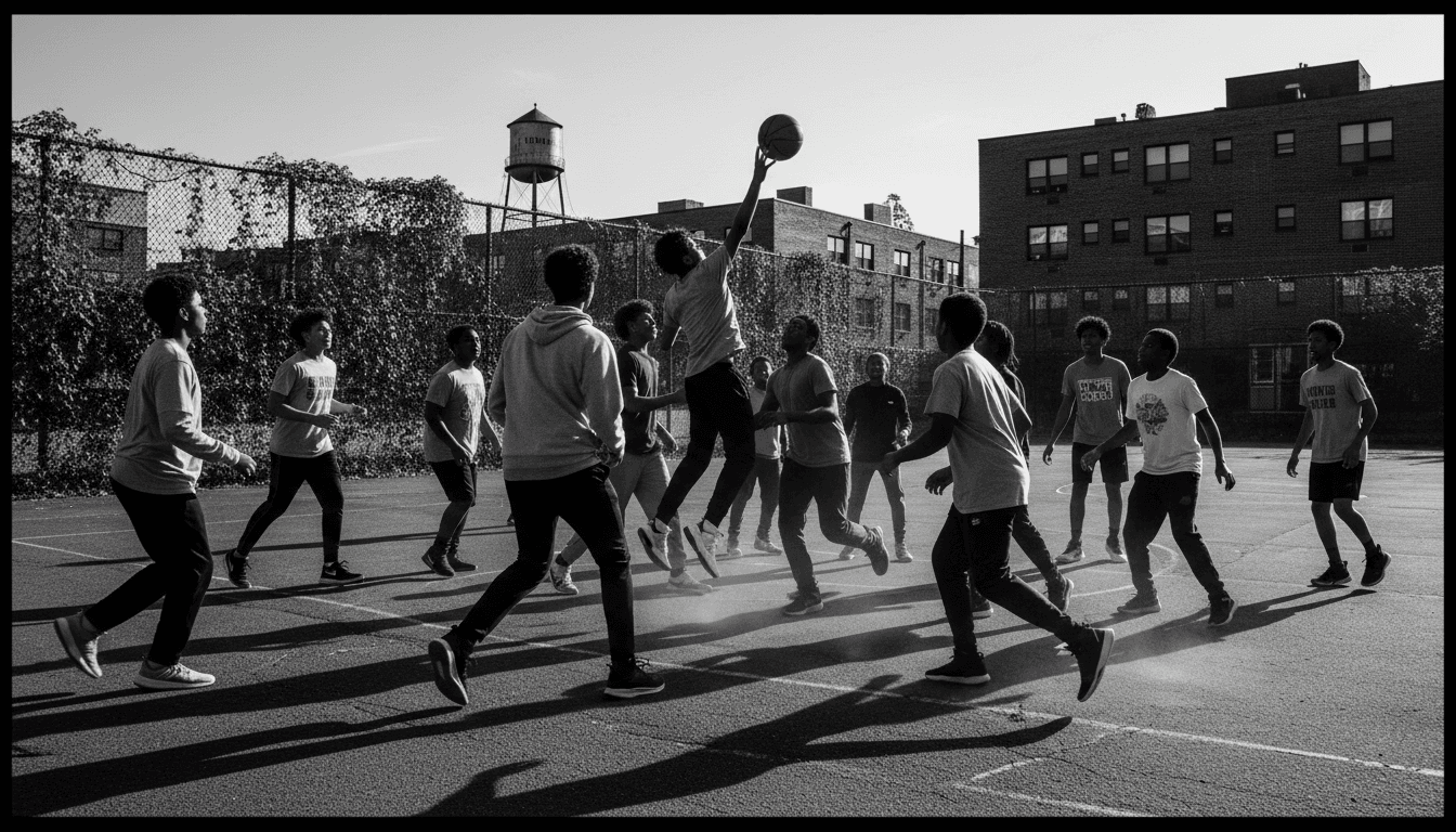 Teenagers playing basketball on an outdoor court in black and white